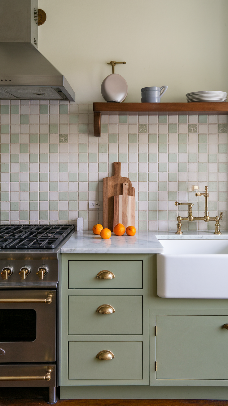 A beautifully designed kitchen featuring sage green cabinetry, white countertop, and natural wood accents.