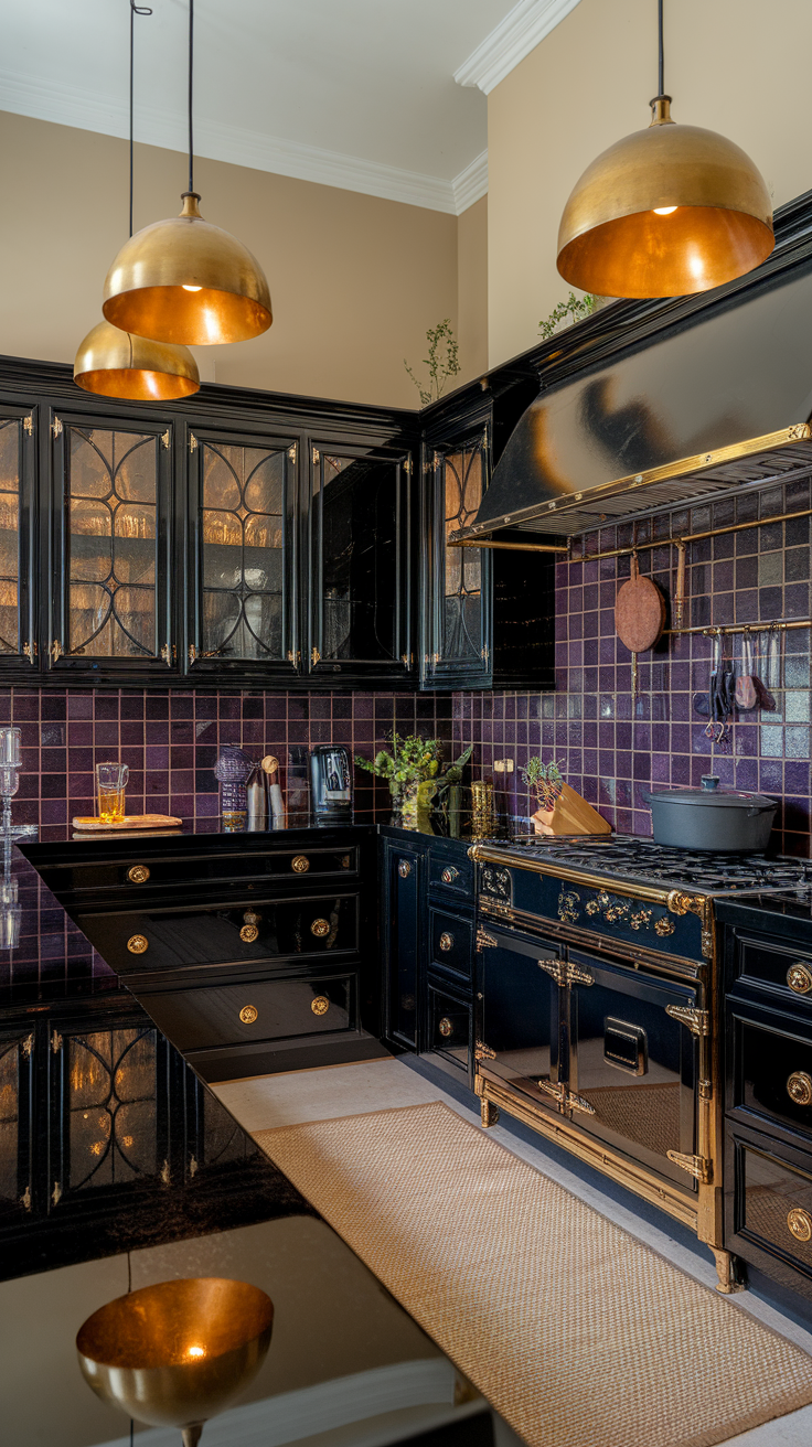 A modern kitchen featuring black cabinetry and a purple tiled backsplash.