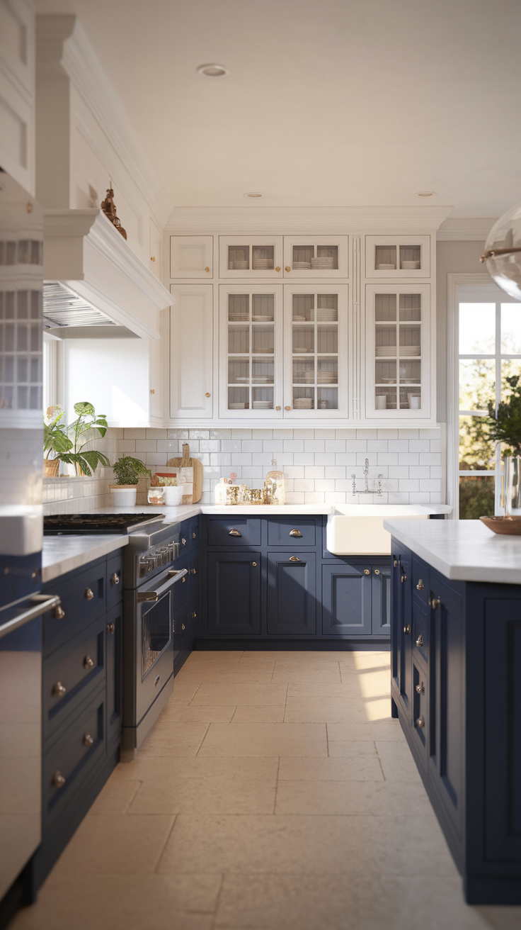 A kitchen featuring two-toned cabinets, with deep blue lower cabinets and white upper cabinets, showcasing a modern and stylish design.