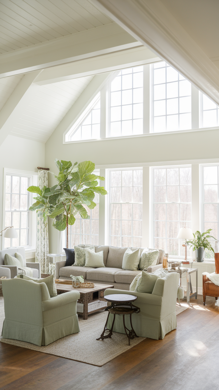 A cozy farmhouse living room with large windows and sage green accents.