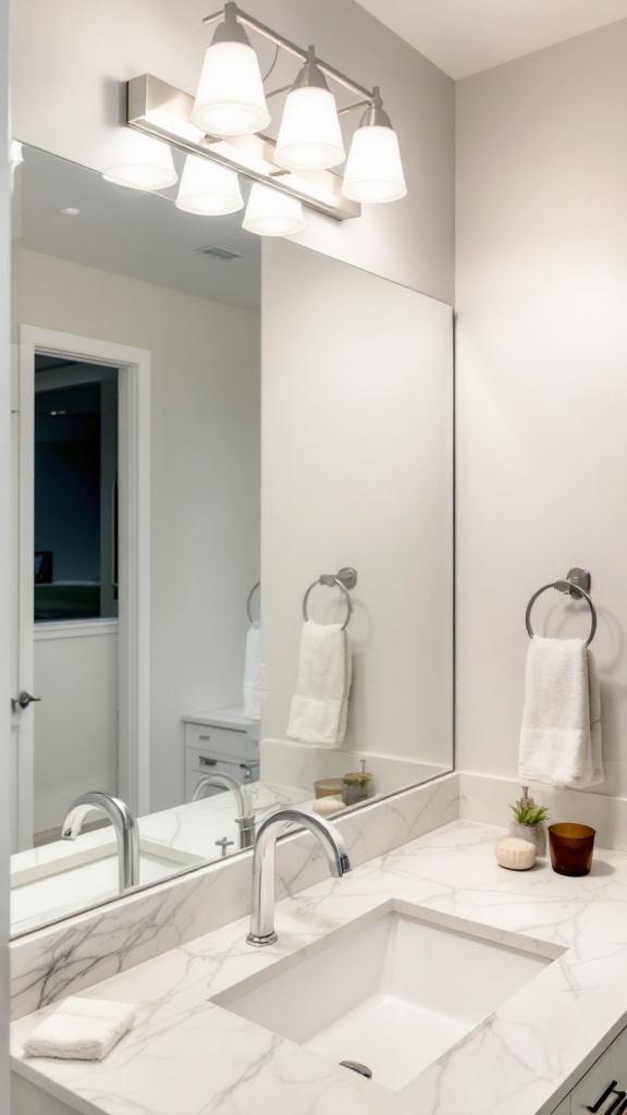 Modern bathroom lighting fixture above a sink with a large mirror