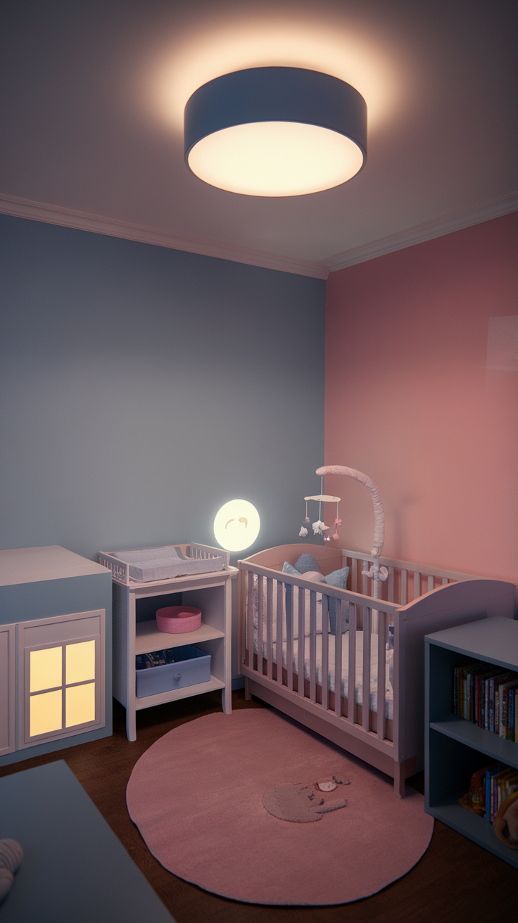 A soft-lit toddler bedroom with a crib and cozy decor.