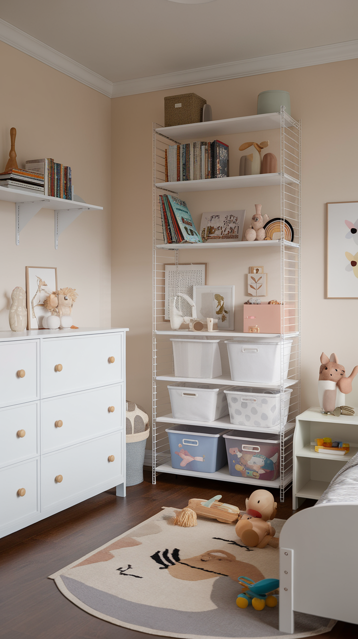 A well-organized toddler bedroom featuring shelves with toys and books, storage bins, and a cozy rug.