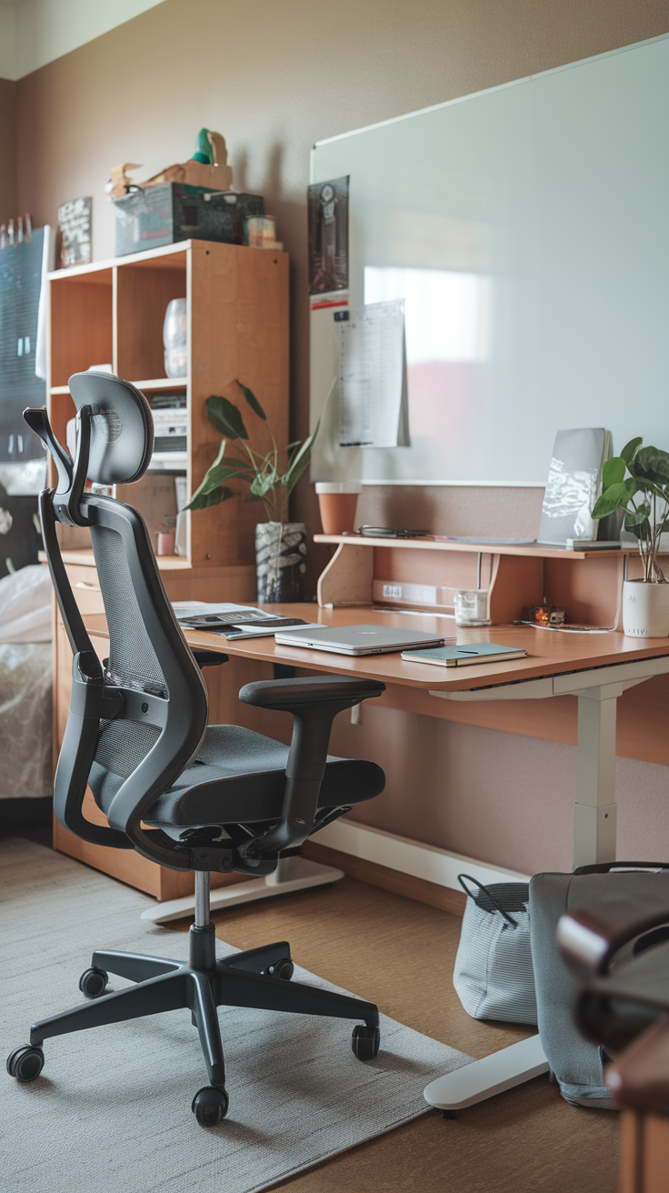 A modern ergonomic desk and comfortable chair in a cozy dorm room