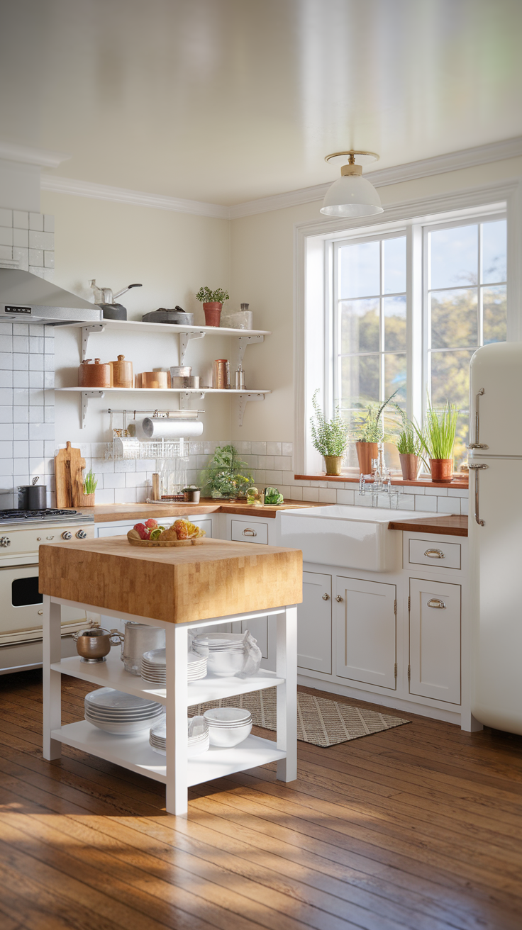 A bright kitchen featuring a butcher block island with white cabinetry and plants.