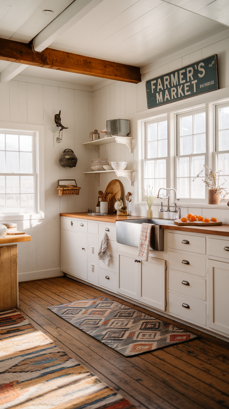 A cozy farmhouse kitchen with wooden flooring, a farmhouse sink, and rustic decor.