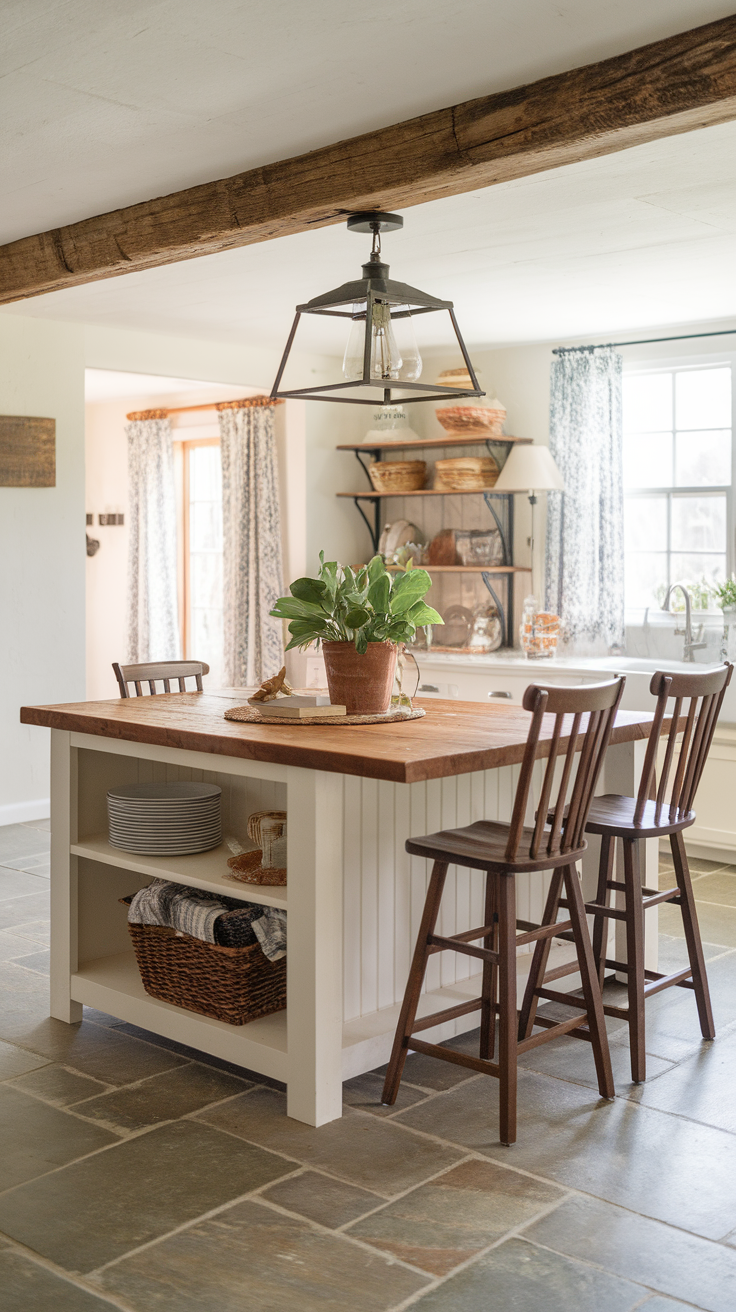 Cozy farmhouse kitchen with an island and storage