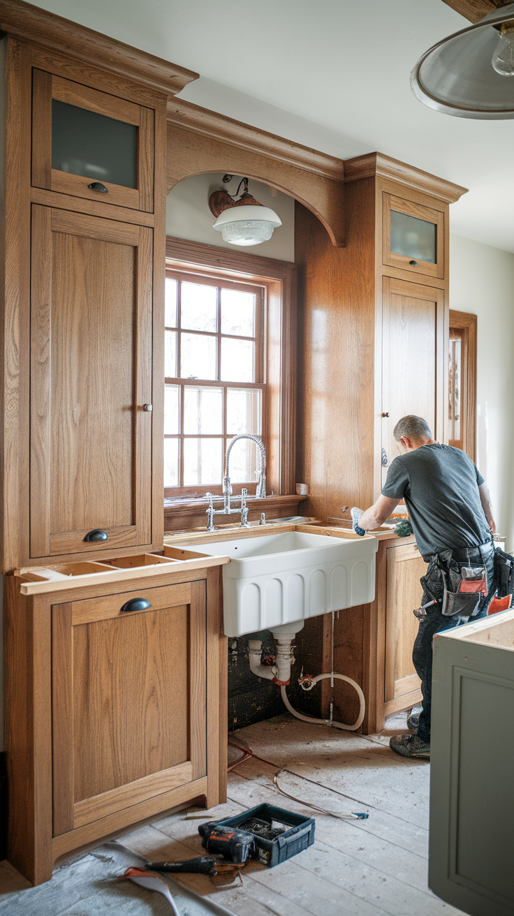 A person installing a farmhouse kitchen sink in a rustic kitchen