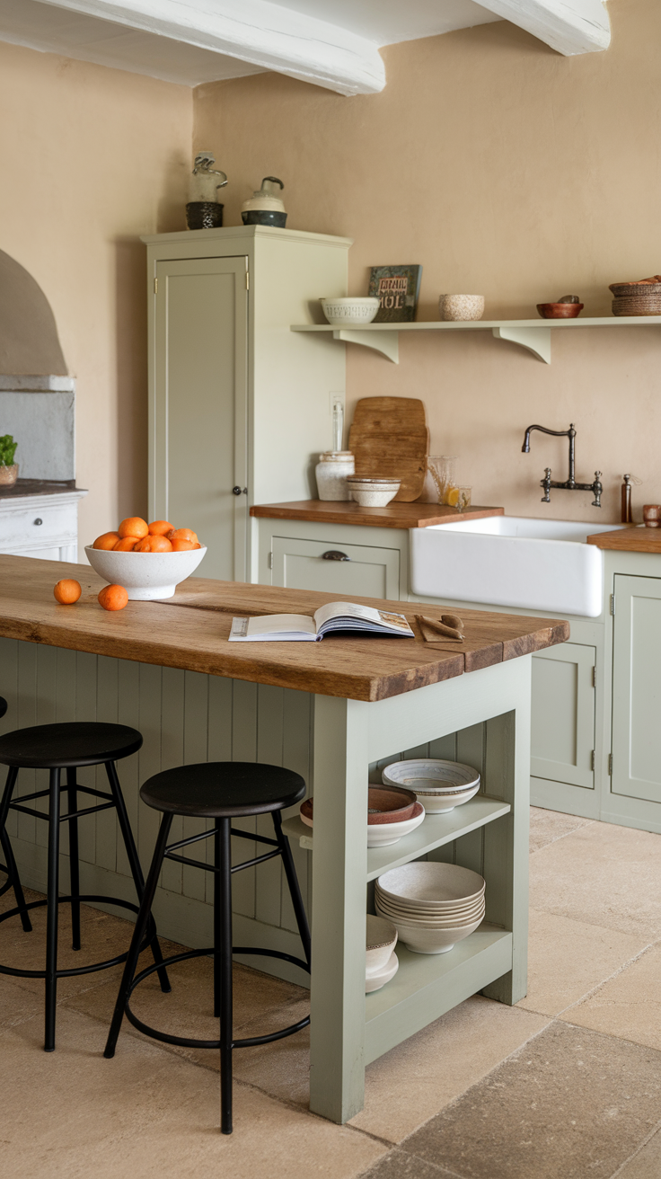 A cozy farmhouse kitchen with a sage green island, wooden countertop, and black stools.