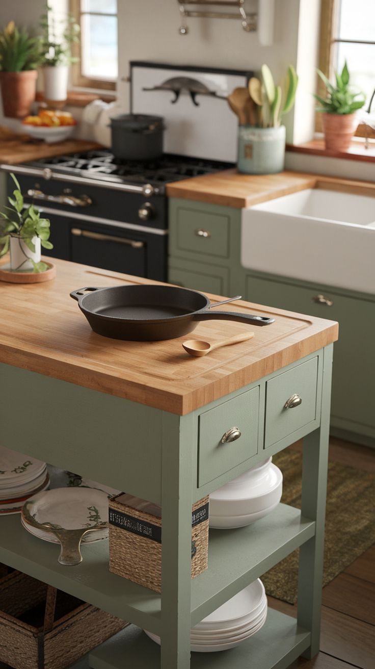 Farmhouse kitchen island with sage green accents and wooden countertop