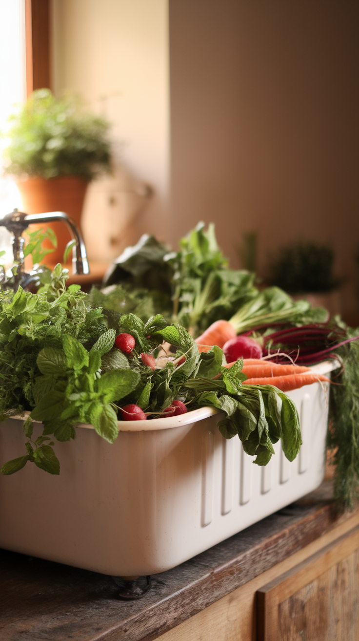 A white farmhouse sink filled with fresh vegetables and herbs.