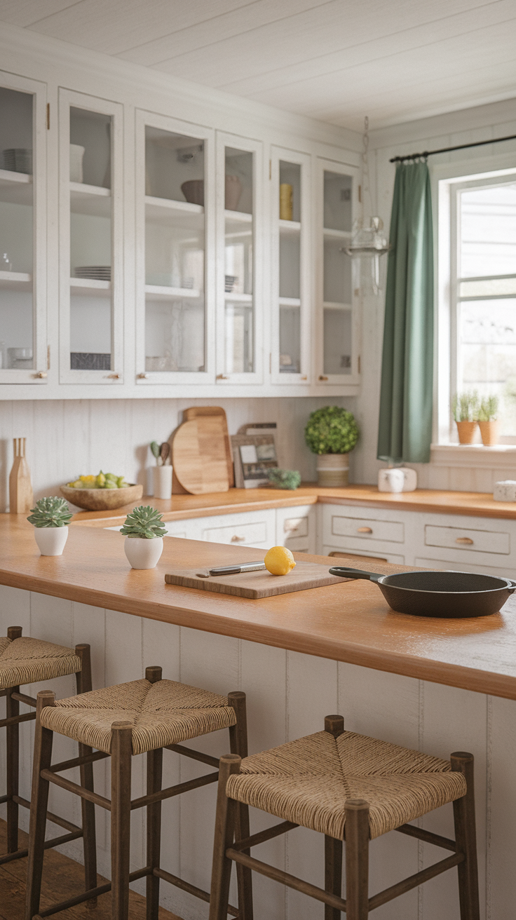 A wood and white kitchen featuring wooden countertops, white cabinets, and potted plants.