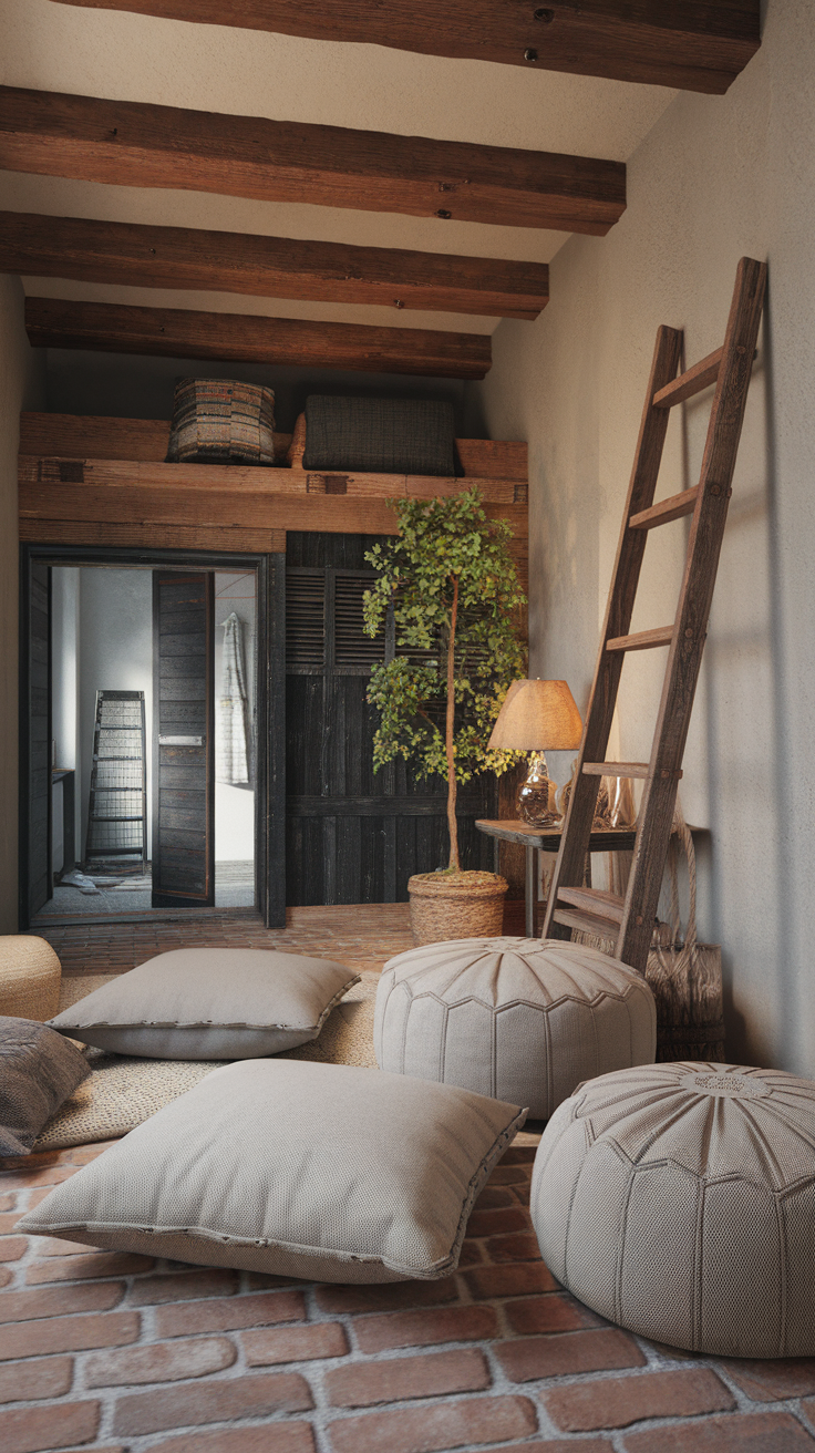 A cozy room featuring floor cushions and poufs, with wooden beams and a warm, inviting atmosphere.