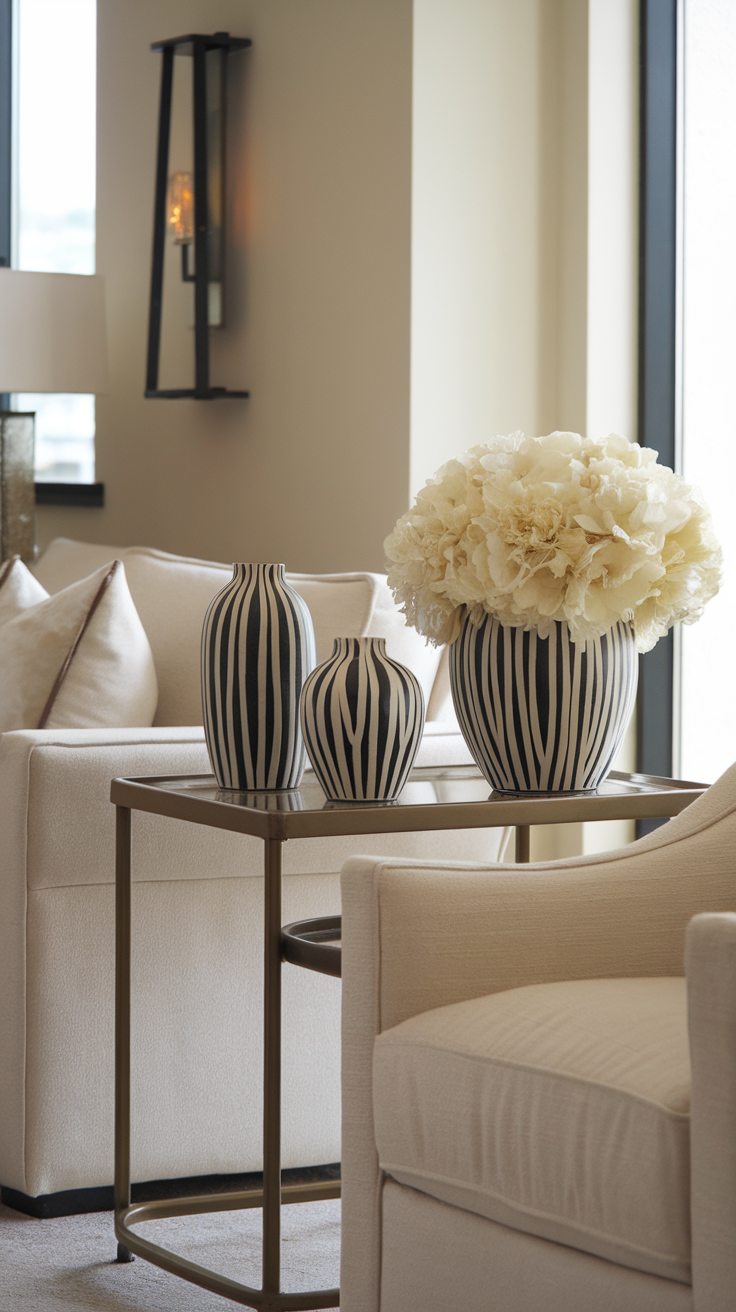 A stylish living room featuring floral arrangements in black and white vases, set against beige furniture.