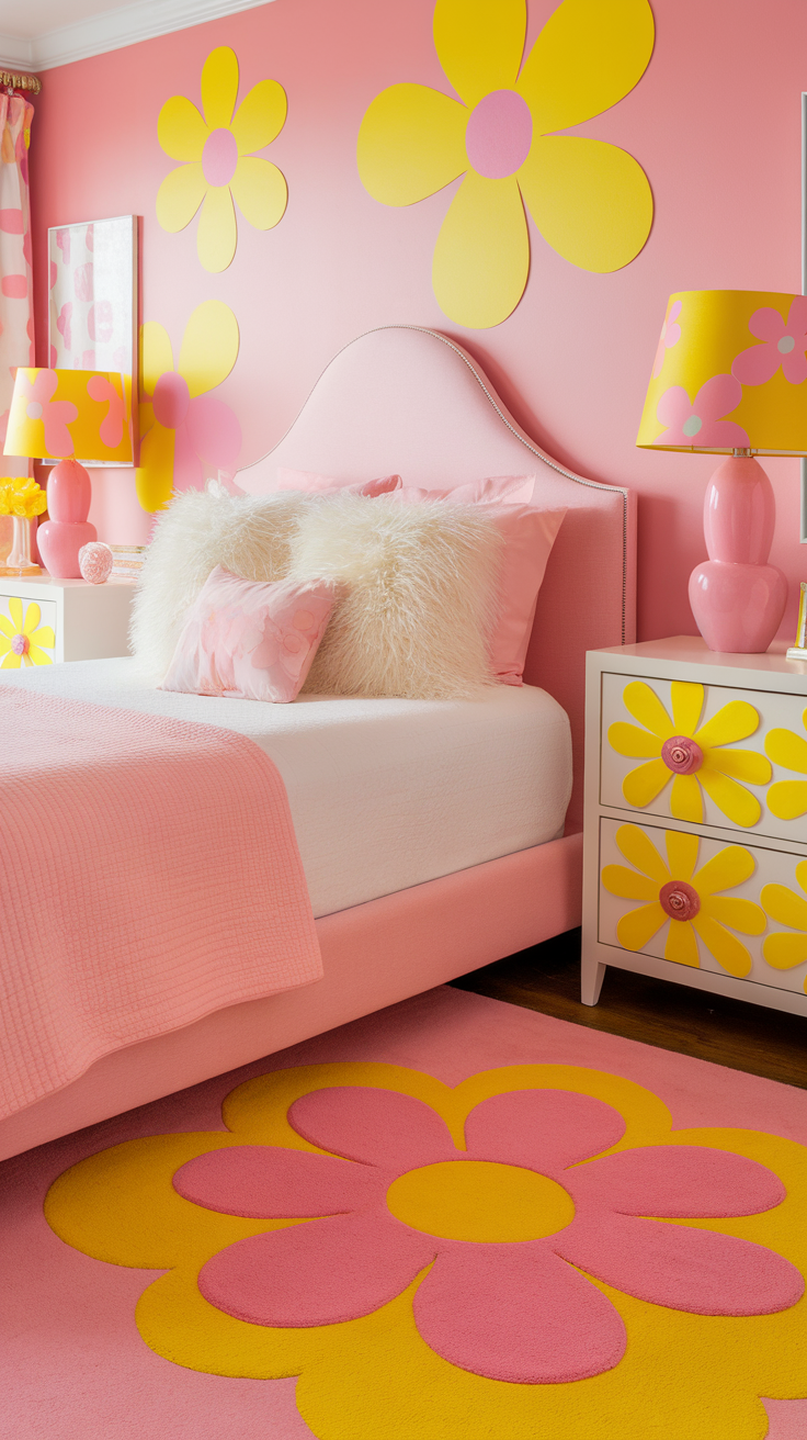 A colorful bedroom decorated with large flower motifs on the walls, a pink bed with fluffy pillows, and a flower-patterned rug.