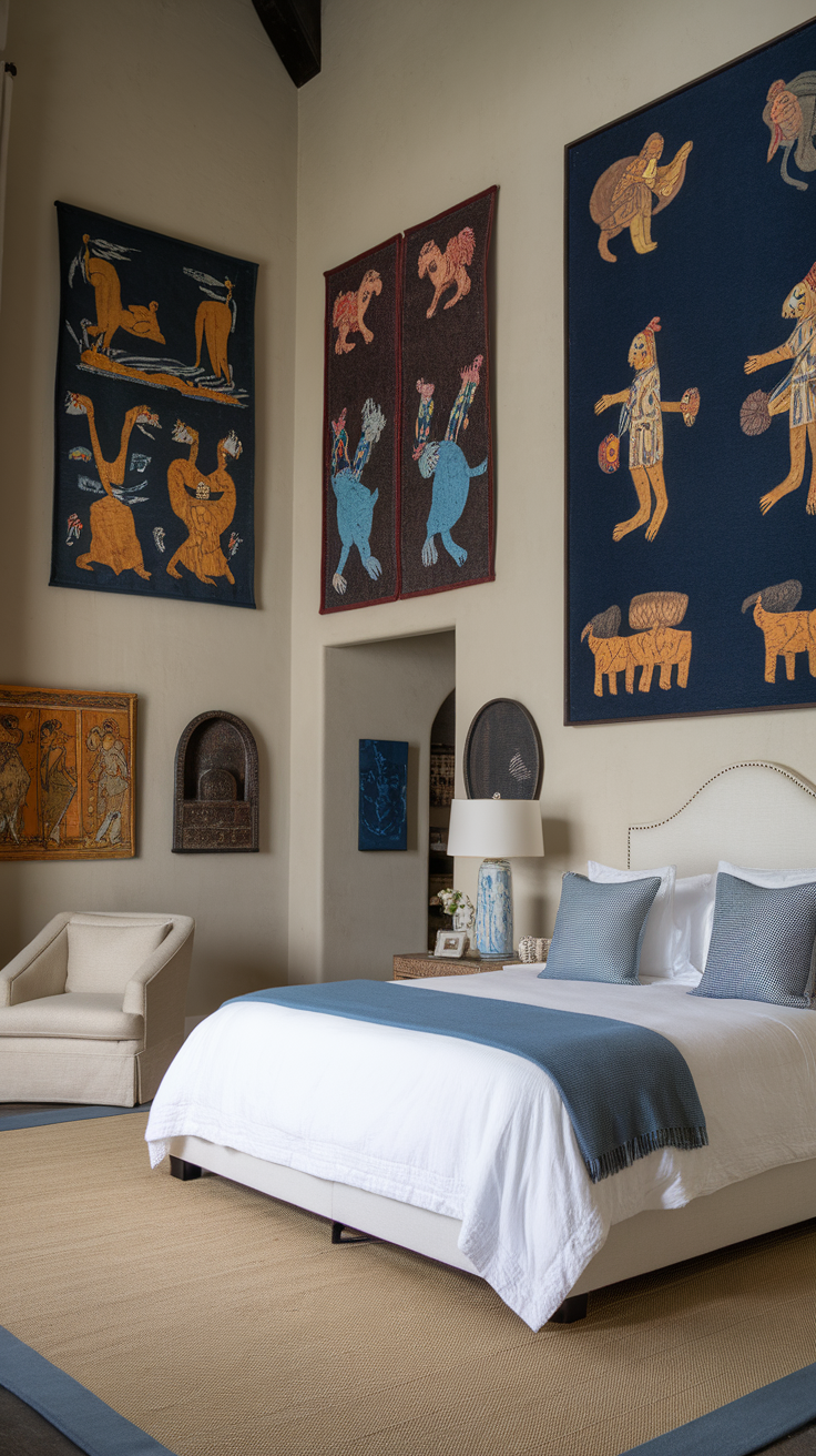 A cozy bedroom with folk art displays on the walls, featuring colorful animal and human motifs.