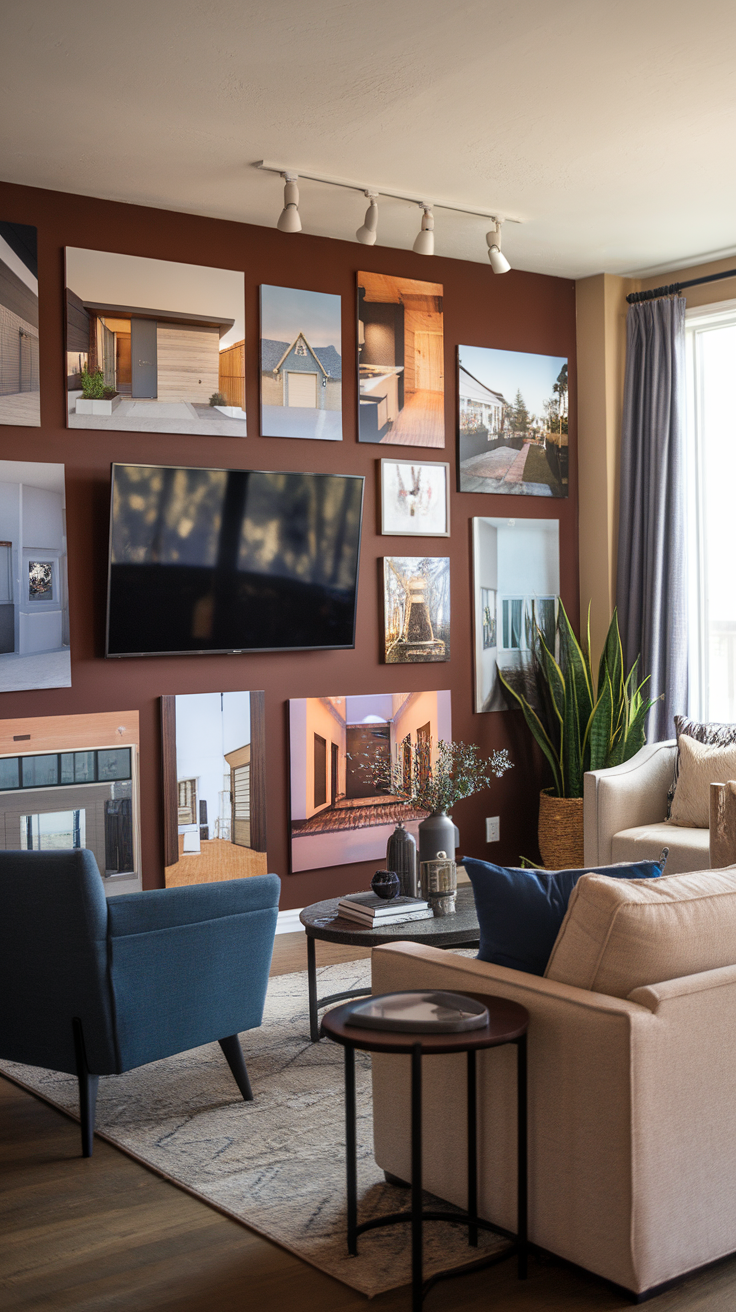 A living room featuring a TV framed by artwork on a brown accent wall, with two chairs and a coffee table.