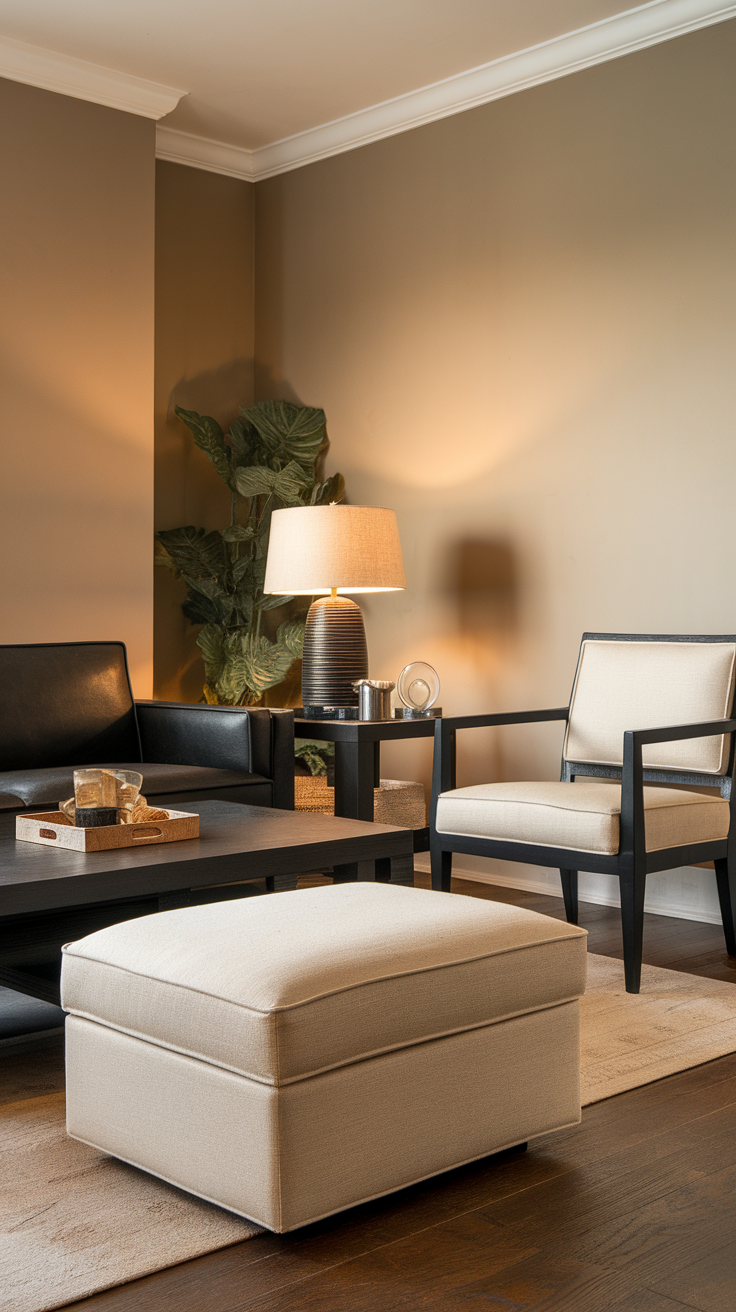 A beige ottoman in a stylish living room with black and white furniture.