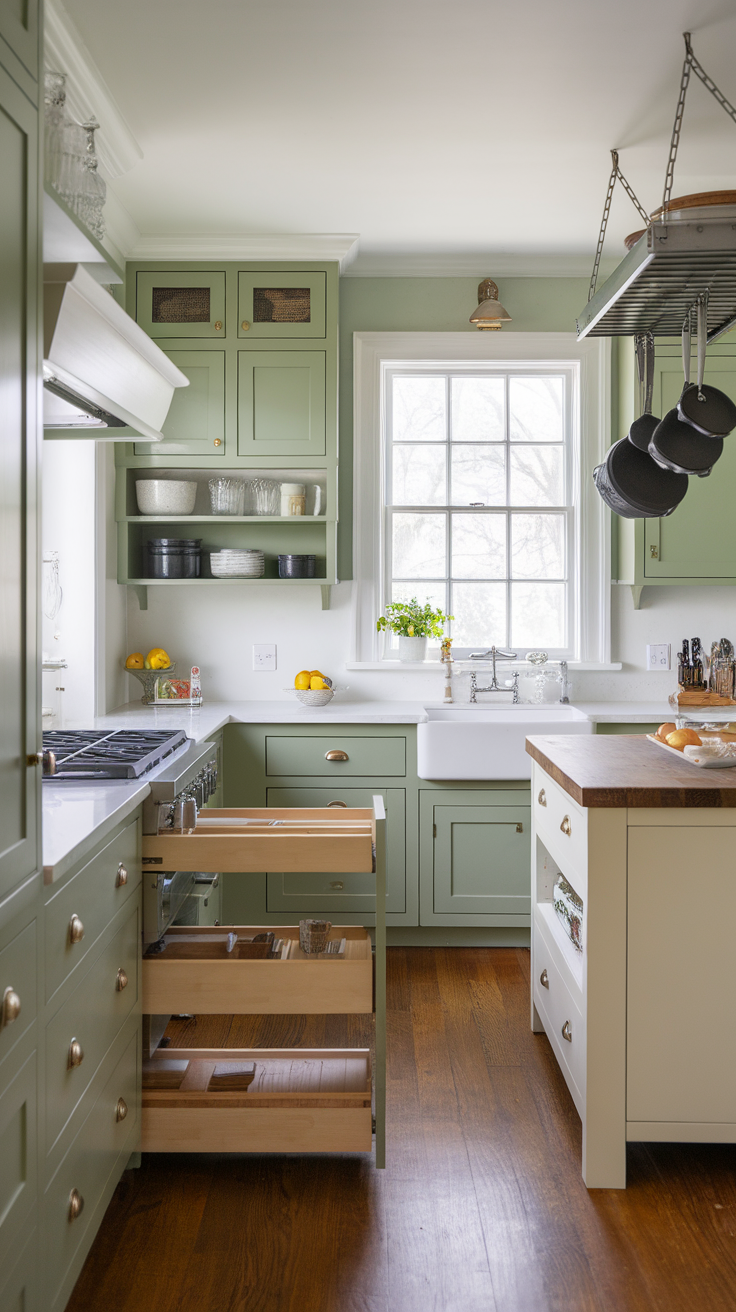 A chic kitchen featuring sage green cabinetry with open and closed storage solutions, showcasing dishes and houseplants.