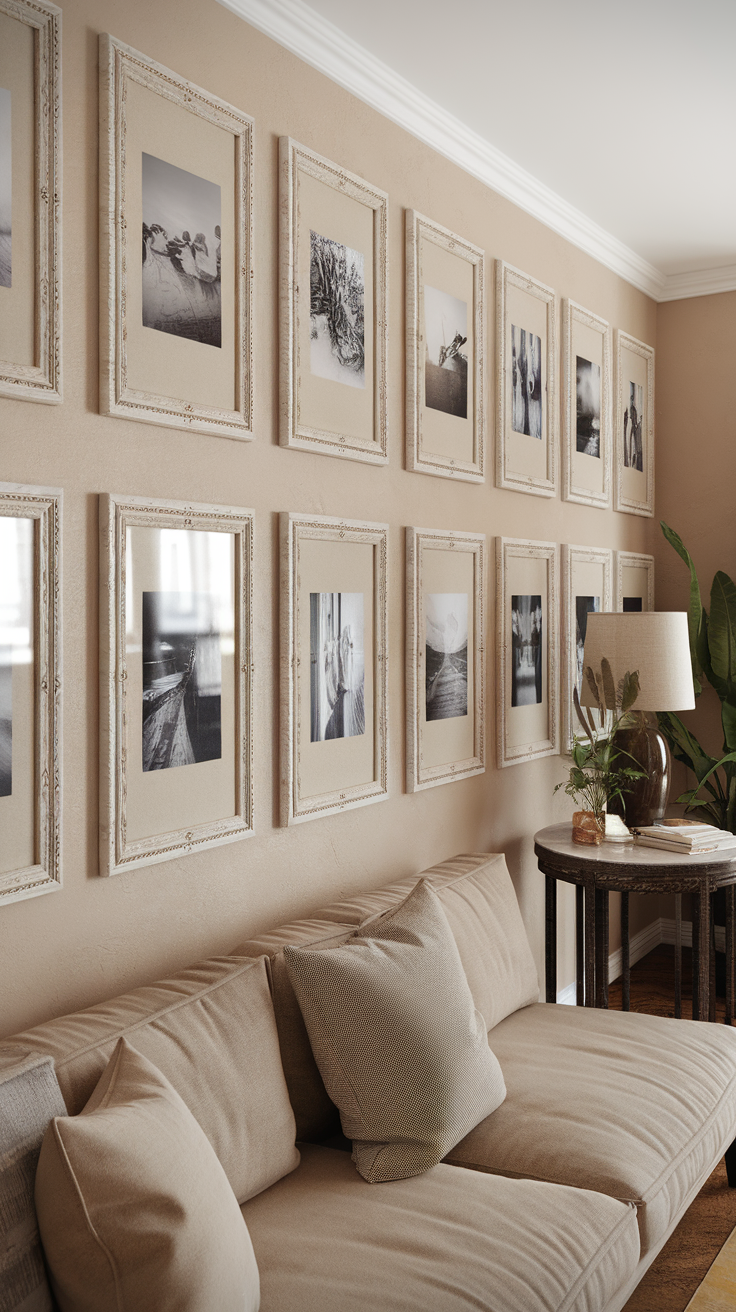 Gallery wall featuring beige frames with black and white photographs in a cozy living room setting.