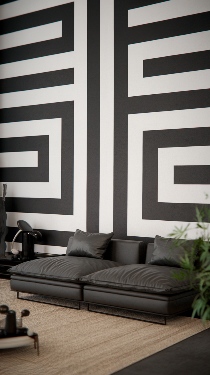 Living room with black and white geometric wallpaper and a modern couch