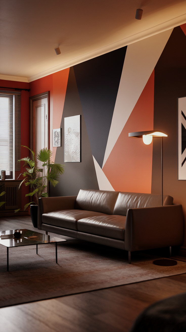 Living room with geometric wallpaper in red, black, and white.