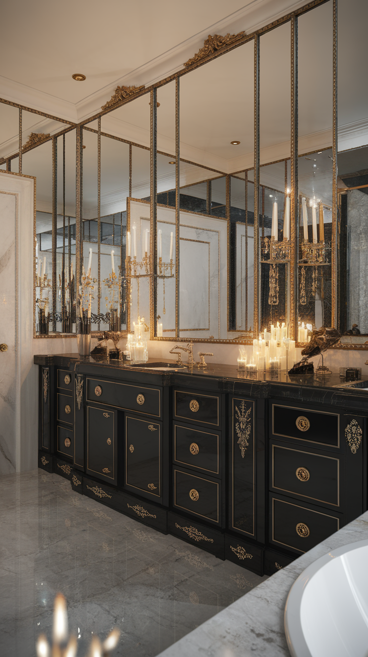 Luxurious Black & Gold Bathroom with ornate mirrors and elegant candle decor