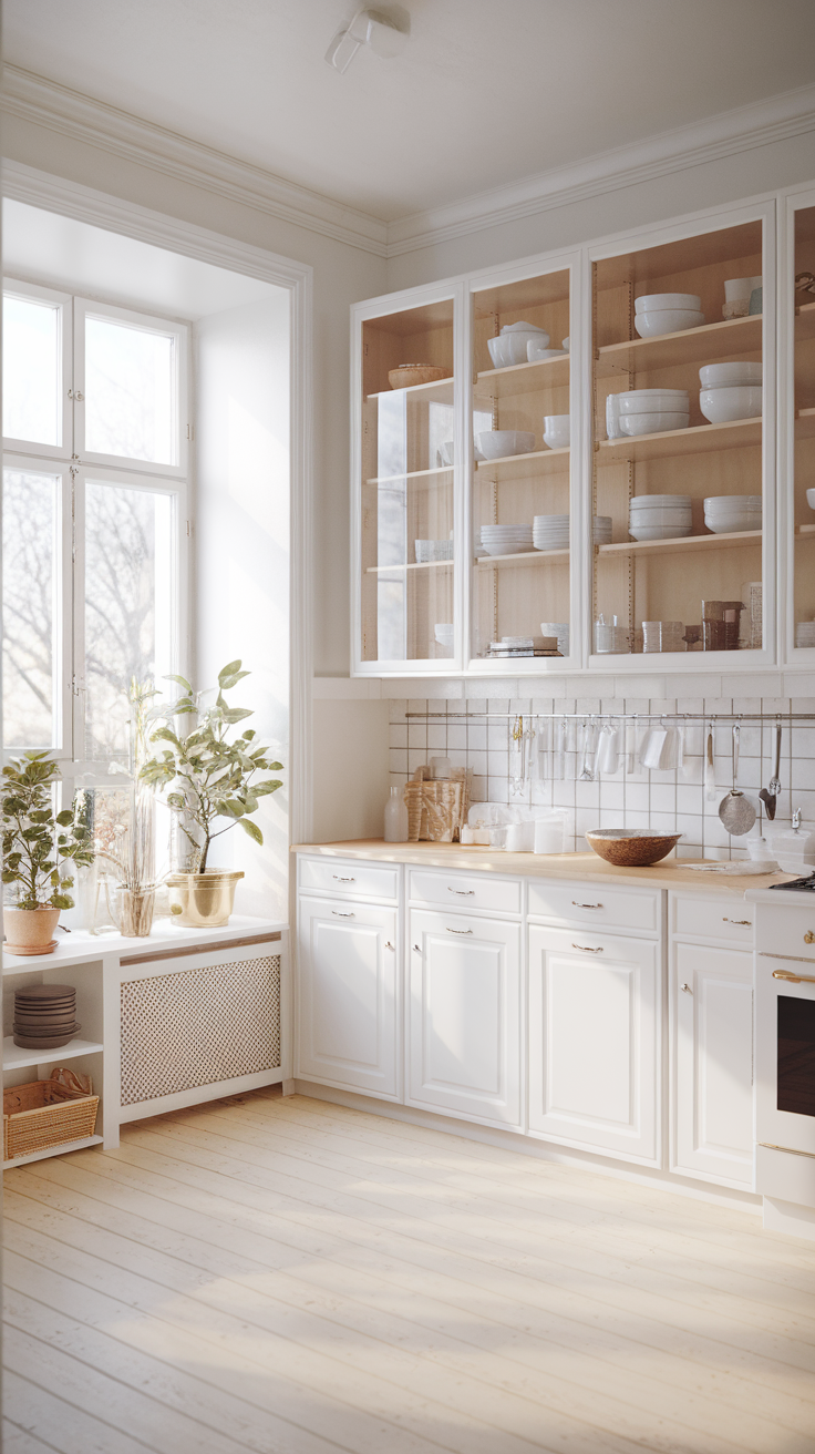 A bright and airy minimalist Scandinavian kitchen with white cabinetry and plants.