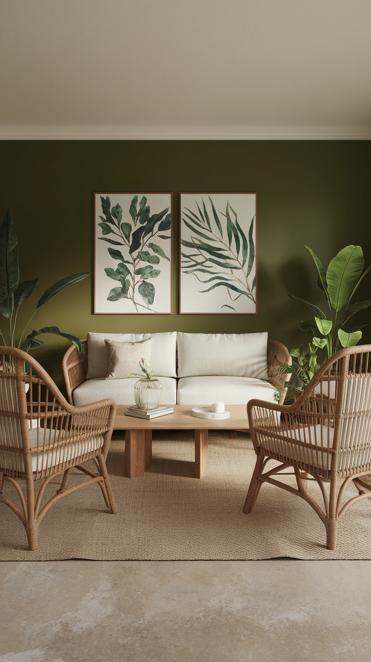 Living room with green accent wall, rattan furniture, and leafy artwork