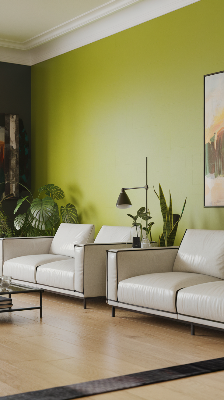 A living room featuring a green accent wall, sleek white furniture, and plants.