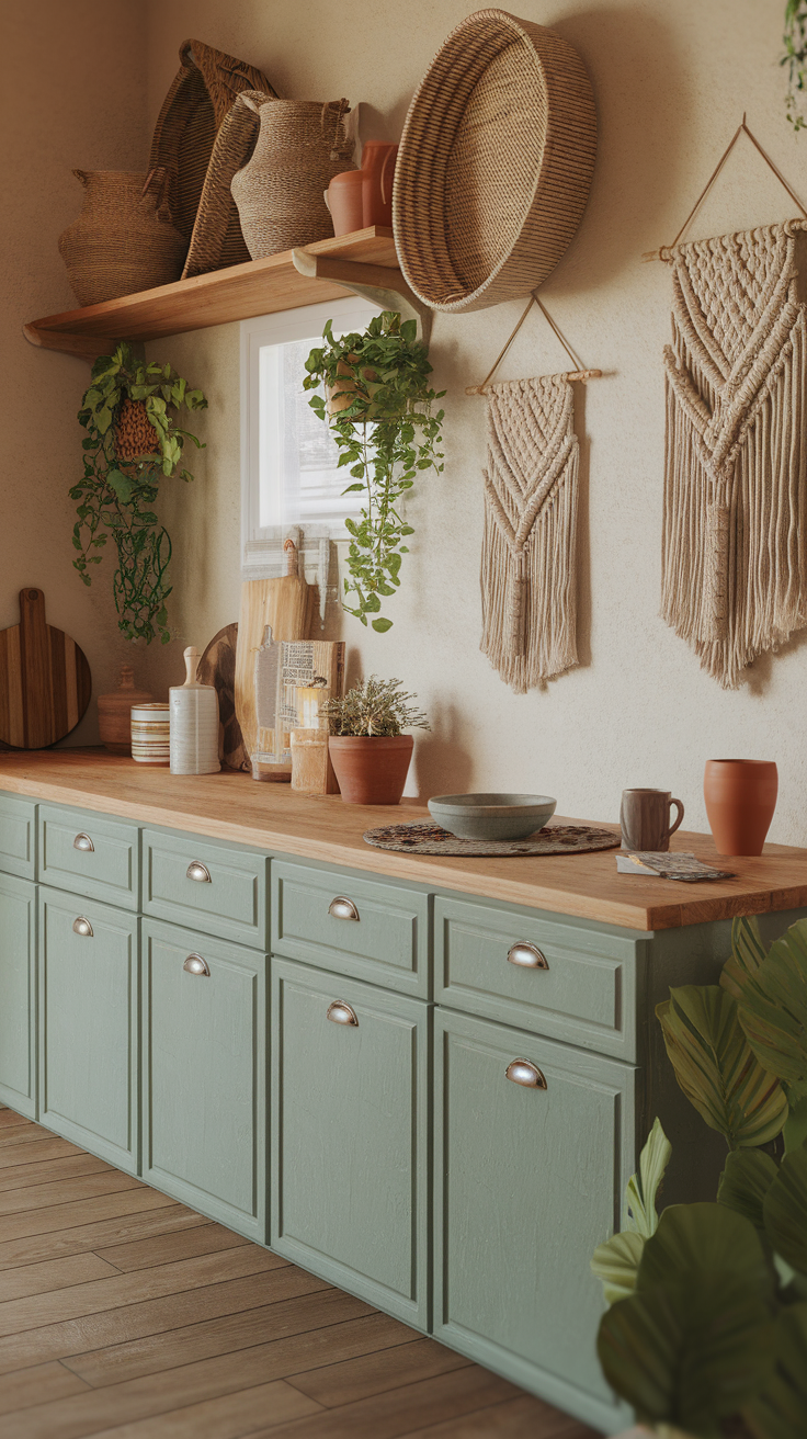 A boho kitchen featuring sage green cabinets, wooden countertops, and natural decor elements.