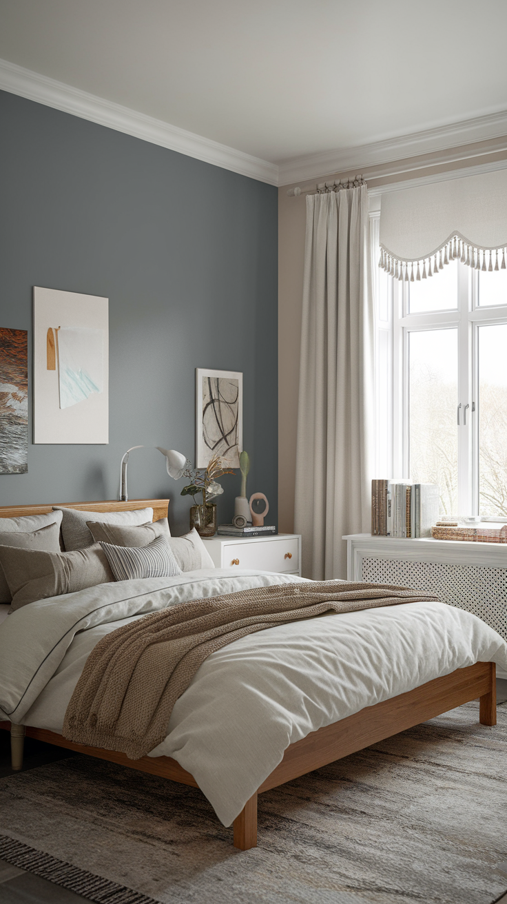 A cozy bedroom featuring a grey accent wall, soft bedding, and stylish decor.