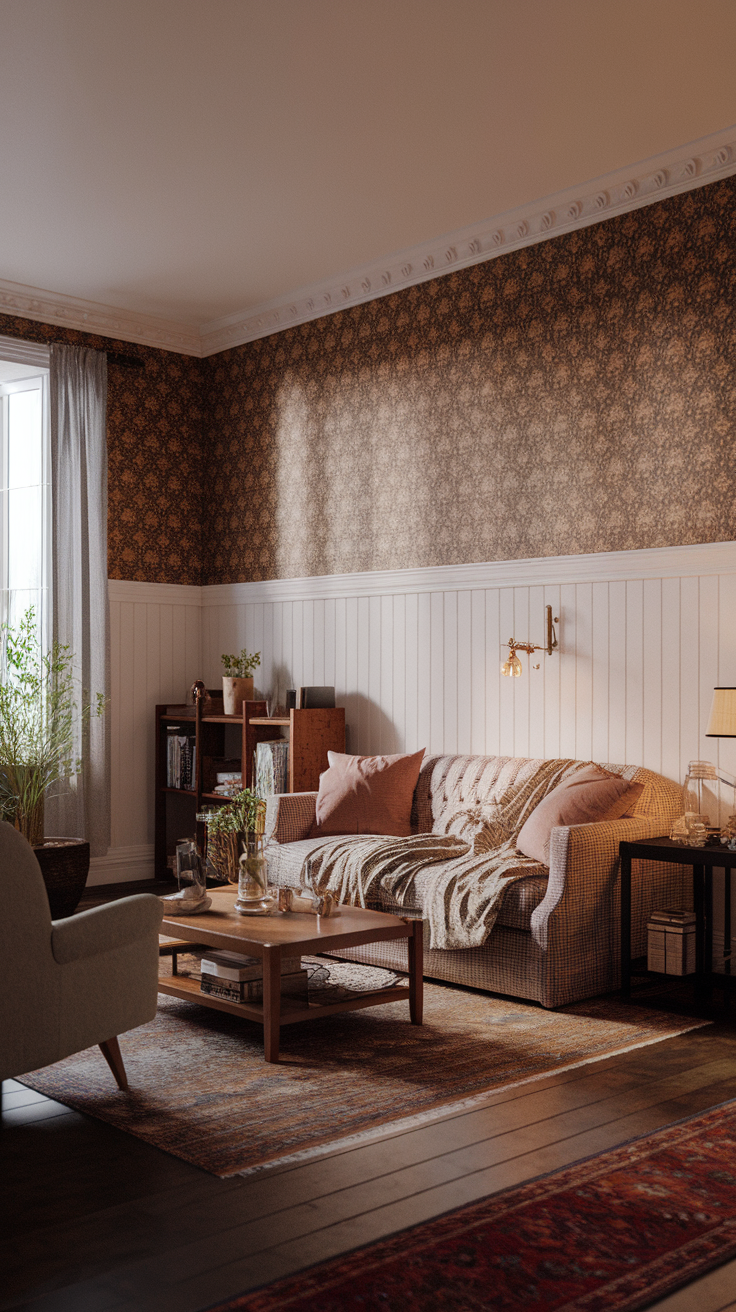 A cozy living room with half-wall patterns featuring floral wallpaper and white paneling.