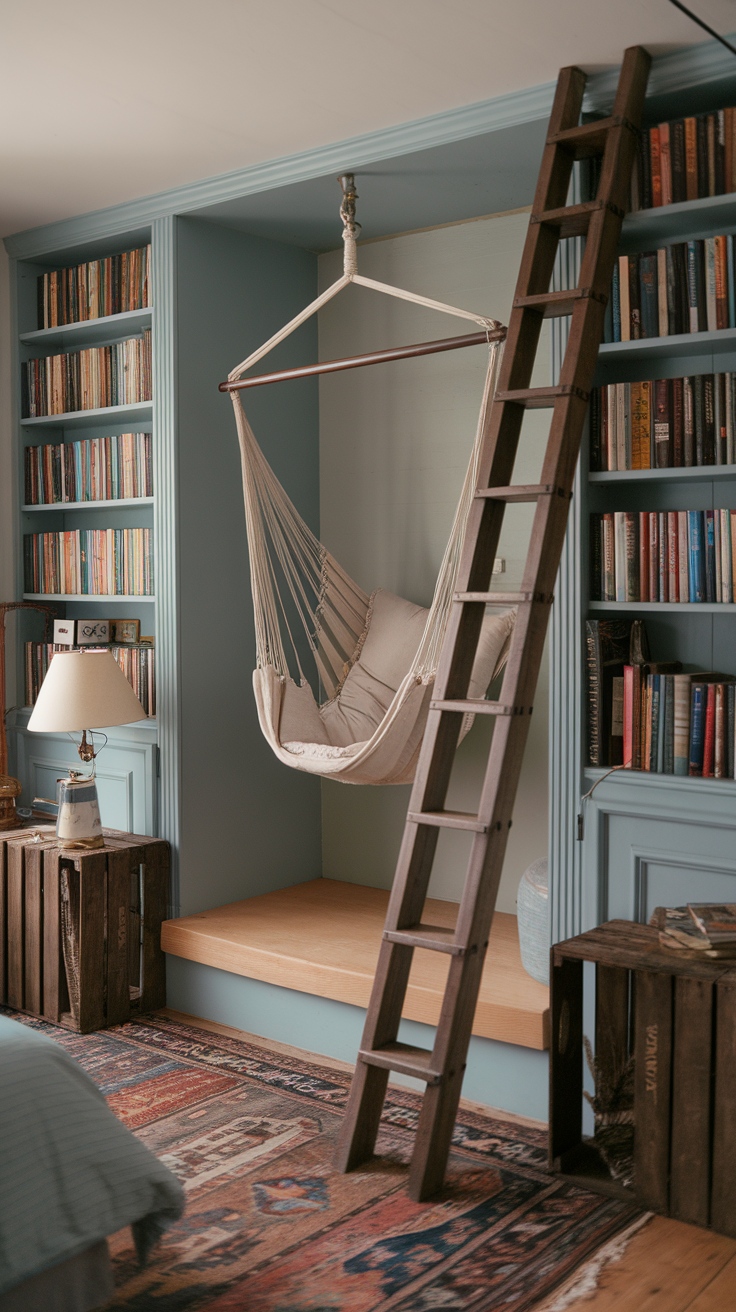 A cozy nook with a hammock chair, bookshelves, and a wooden ladder, creating a relaxed atmosphere.