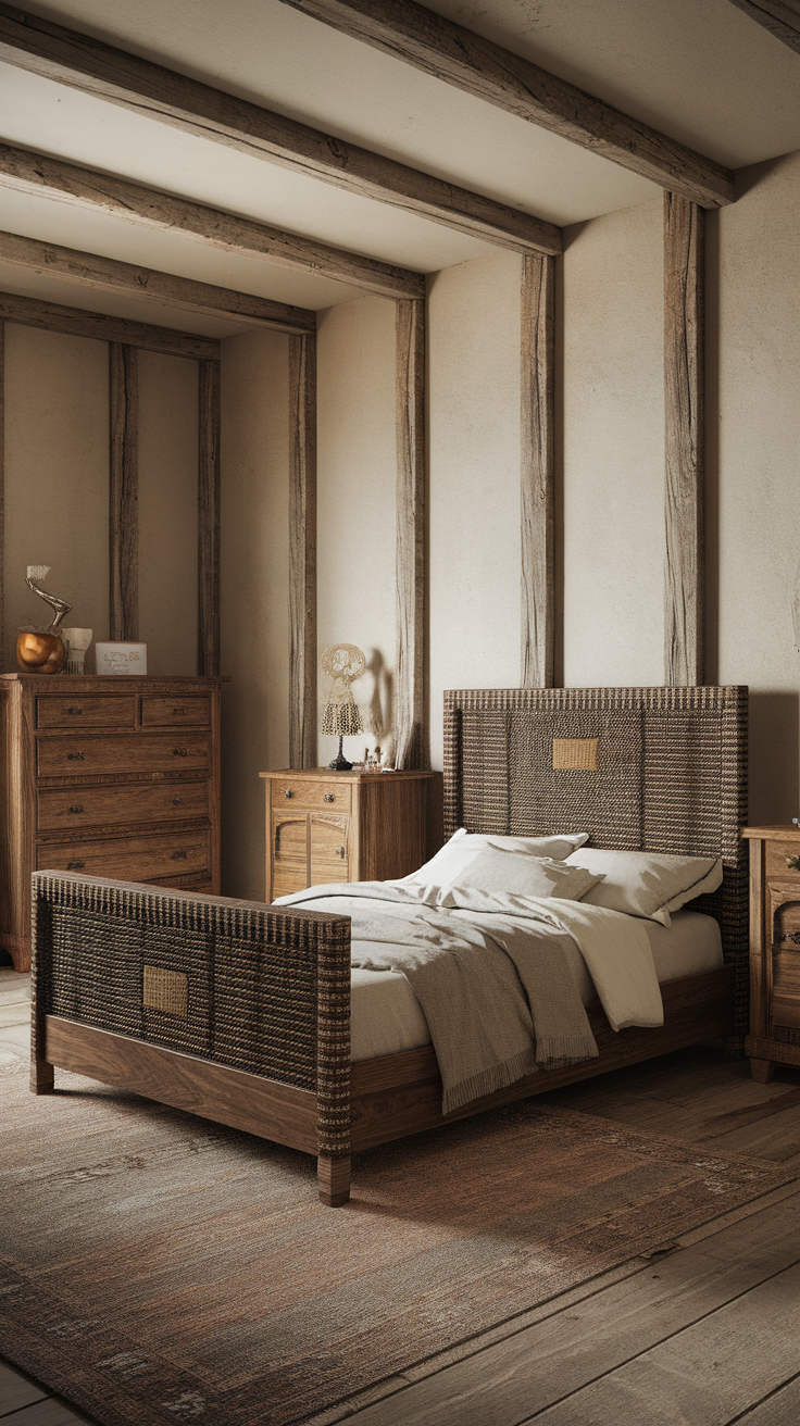 A cozy bedroom featuring handcrafted furniture, including a woven bed and wooden dresser, with earthy tones and a warm atmosphere.