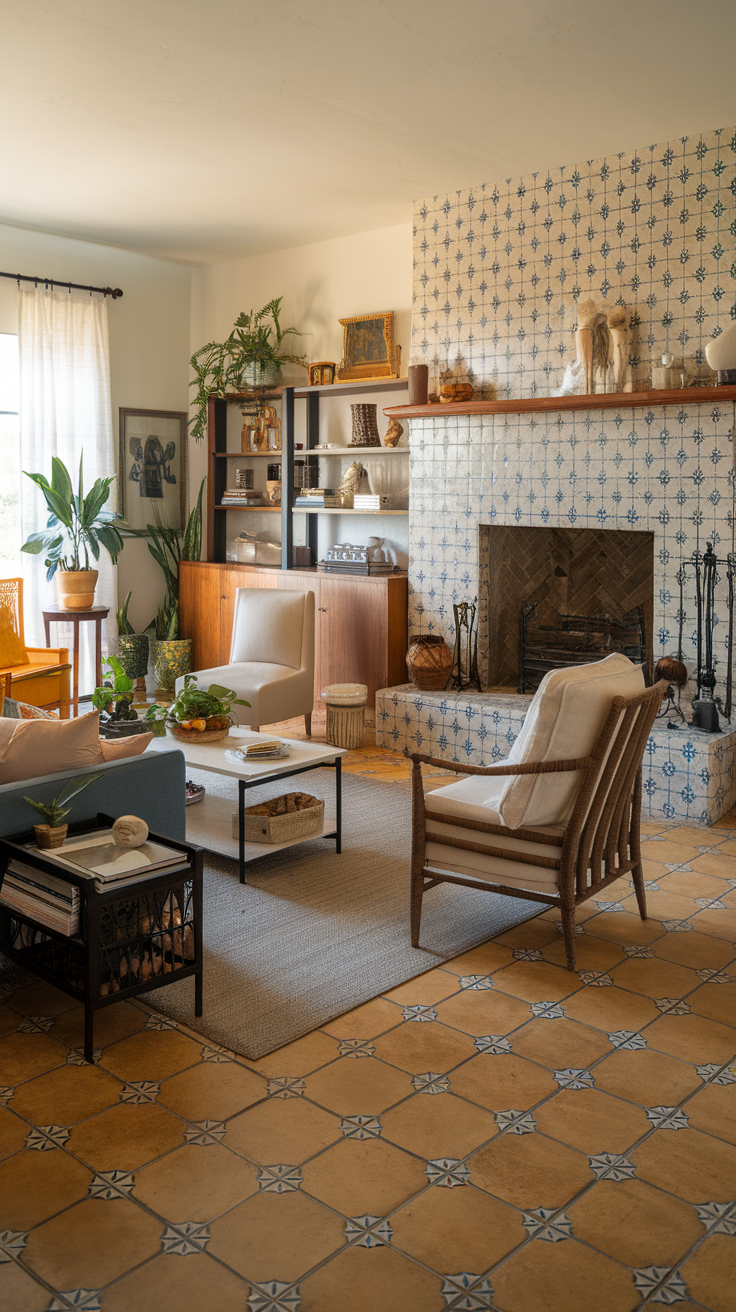 A cozy living room with Spanish-style handcrafted tiles on the fireplace and floor, featuring comfortable seating and plants.