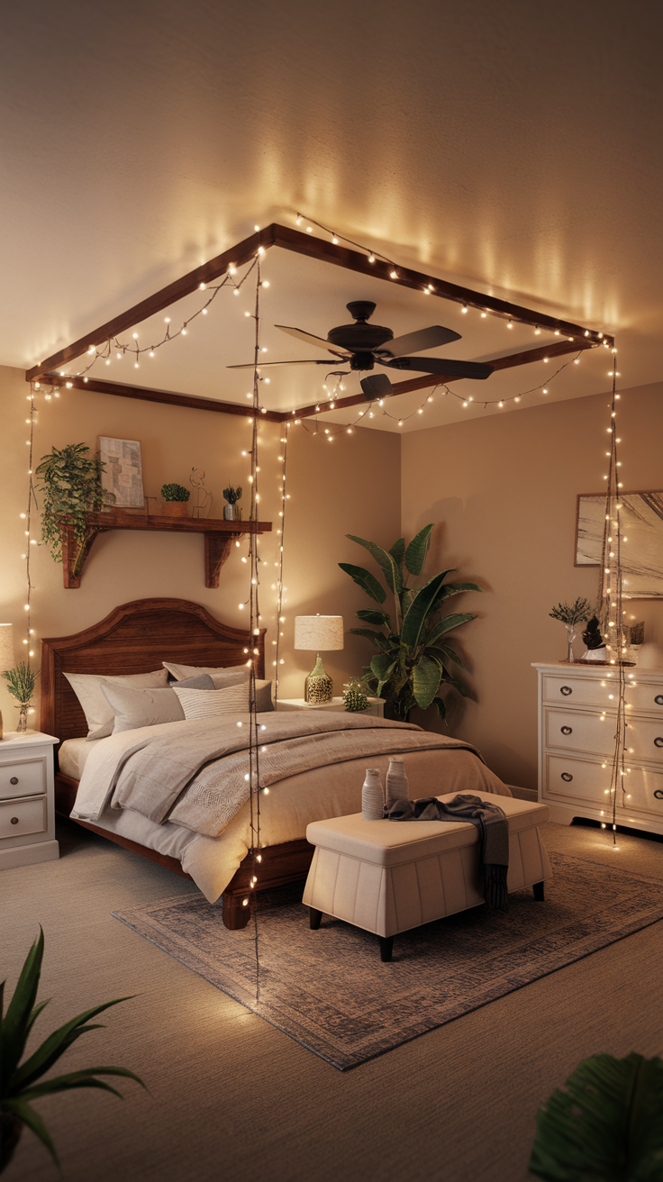 A bedroom with a wooden bed, decorated with fairy lights hanging from the ceiling, plants, and soft furnishings.