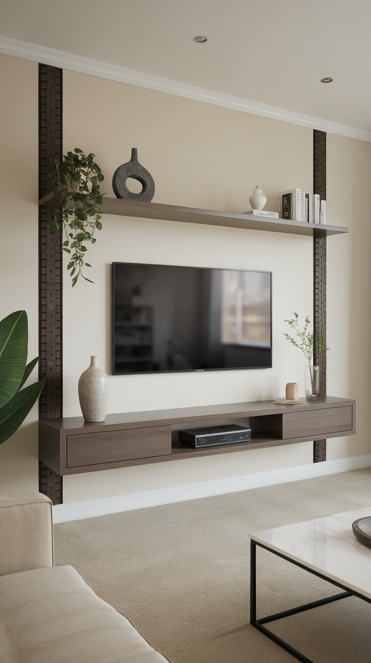 A modern living room with a wall-mounted TV, shelves, and hidden cables for a clean look.