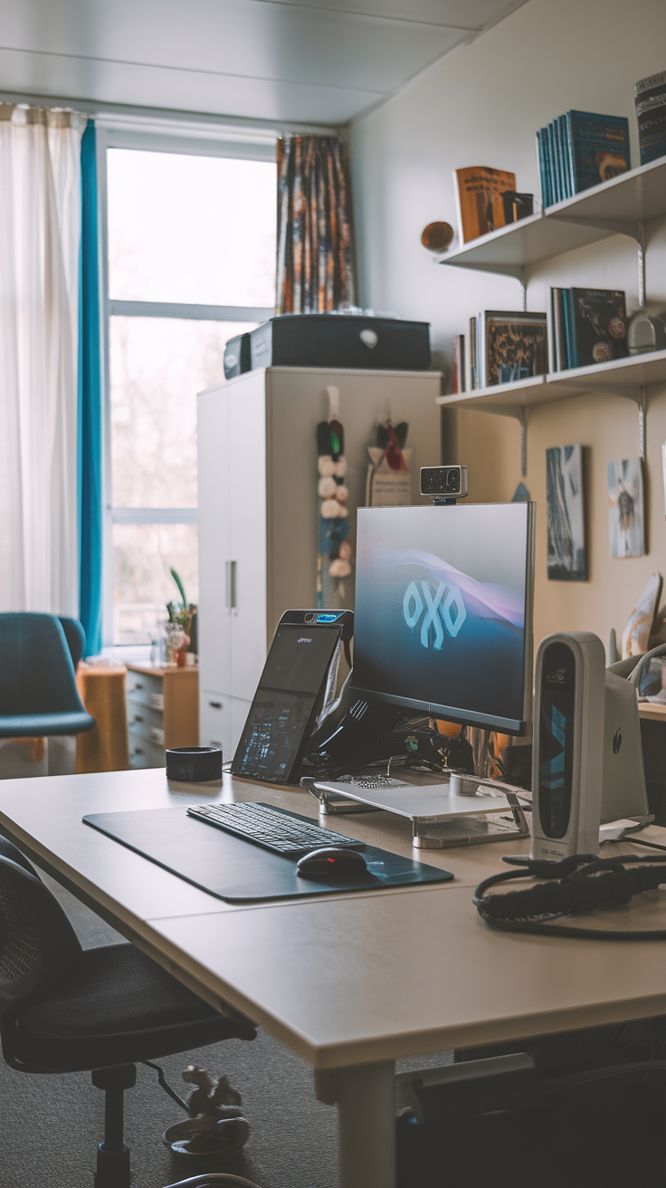 High-tech smart desk setup in a dorm room, featuring dual monitors and organized workspace.