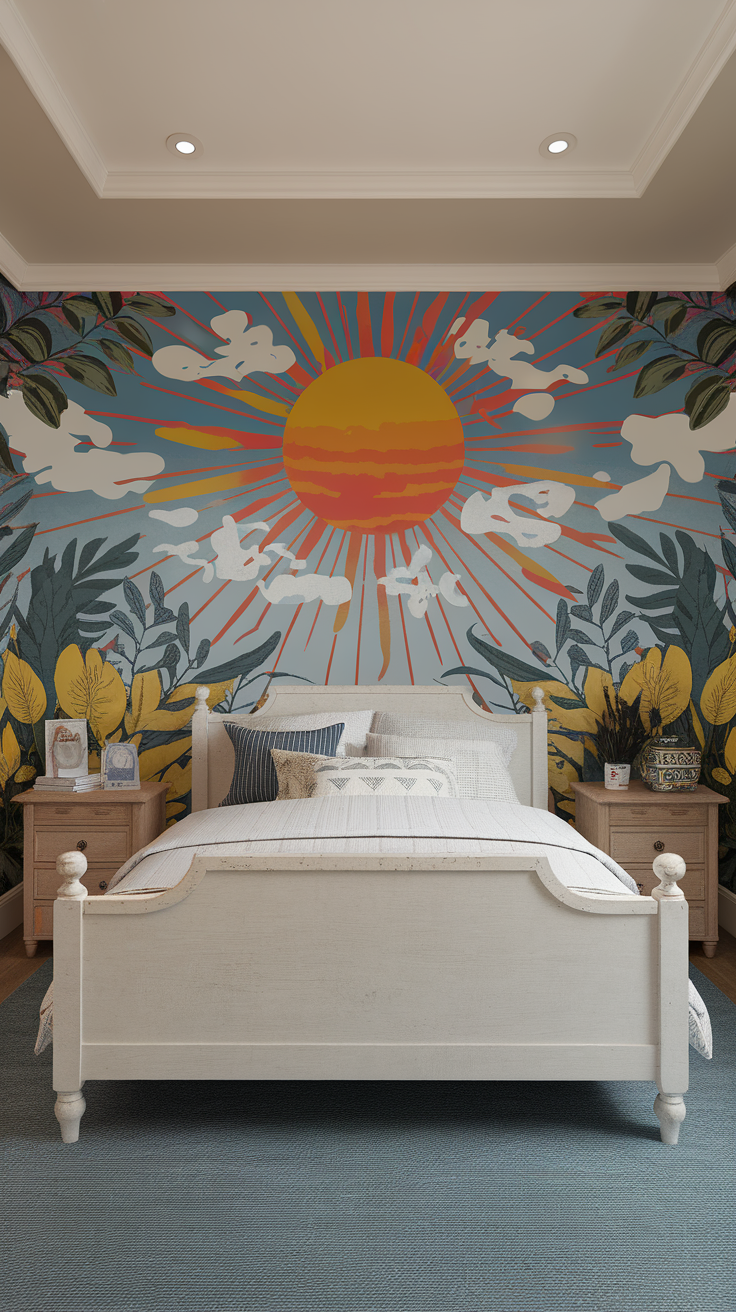 A bright hippie-inspired bedroom wallpaper with a large sun and tropical foliage