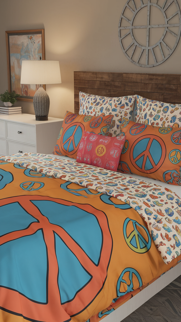 Hippie-themed bedding with peace signs and colorful patterns