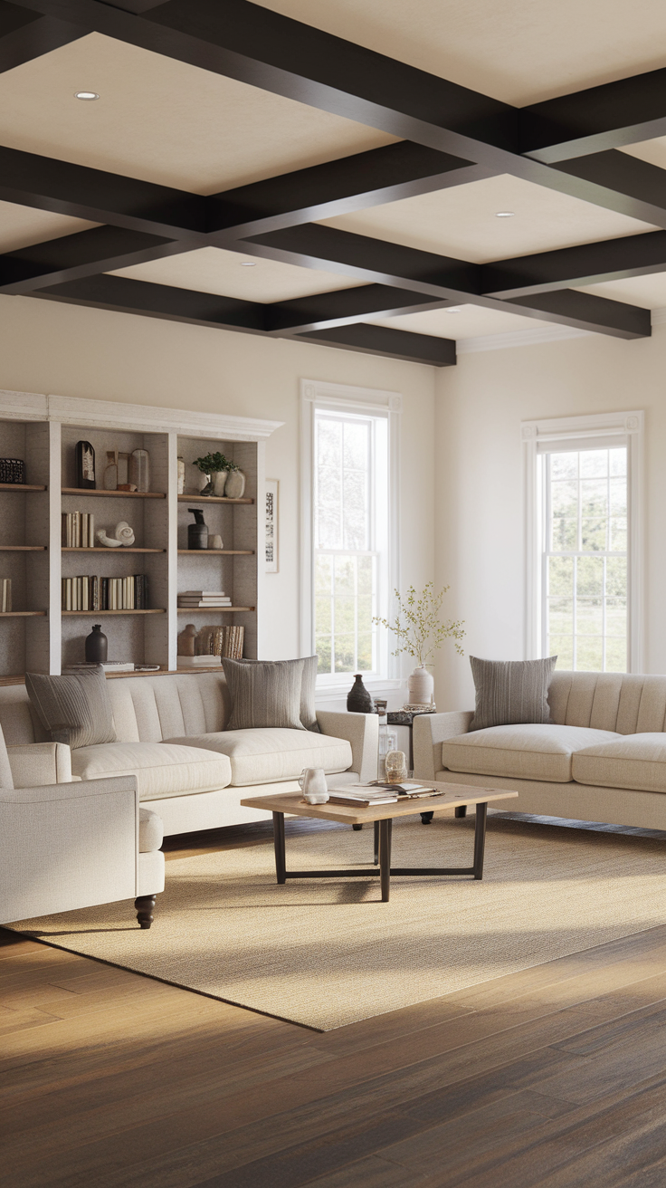 Living room with a historic beamed ceiling, featuring cozy sofas and natural light.