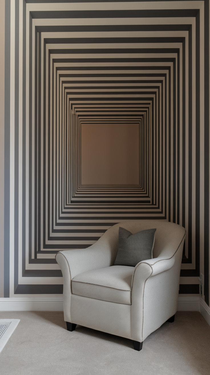 A small bedroom with concentric striped wallpaper creating an illusion of depth, paired with a cozy armchair.