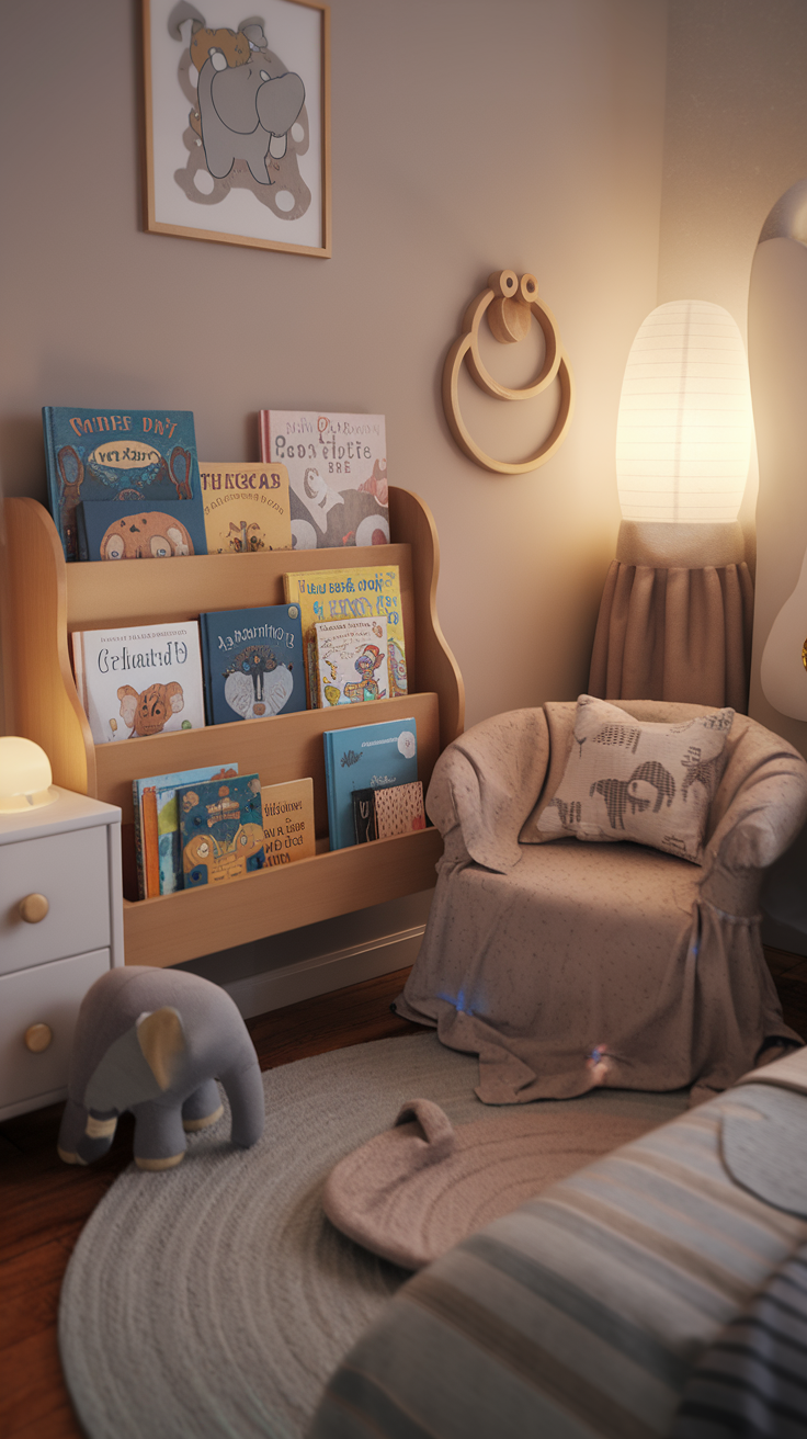 A cozy toddler bedroom layout with a reading nook, bookshelves, and soft toys.