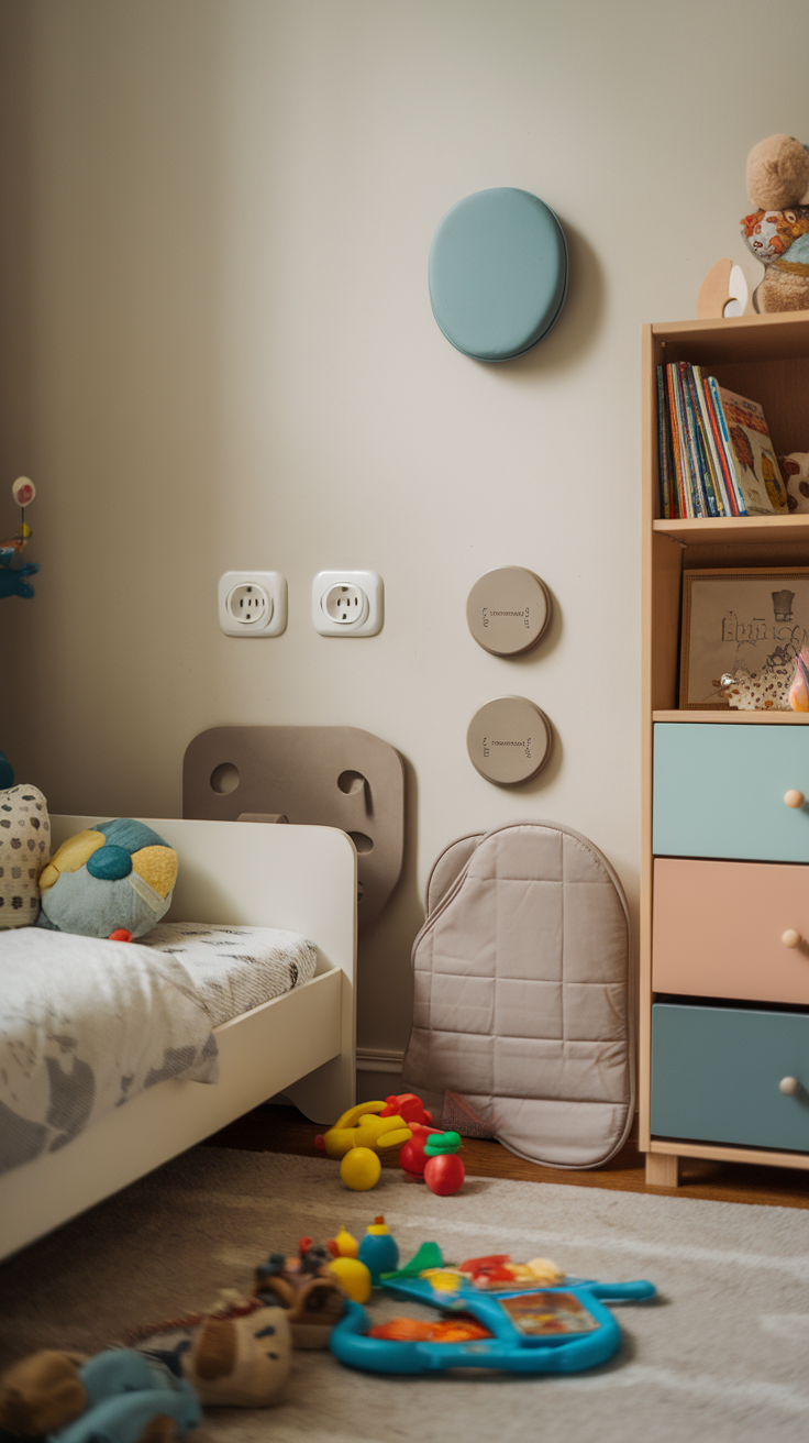 A cozy toddler bedroom with soft-colored furniture, safety features, and a warm ambiance.