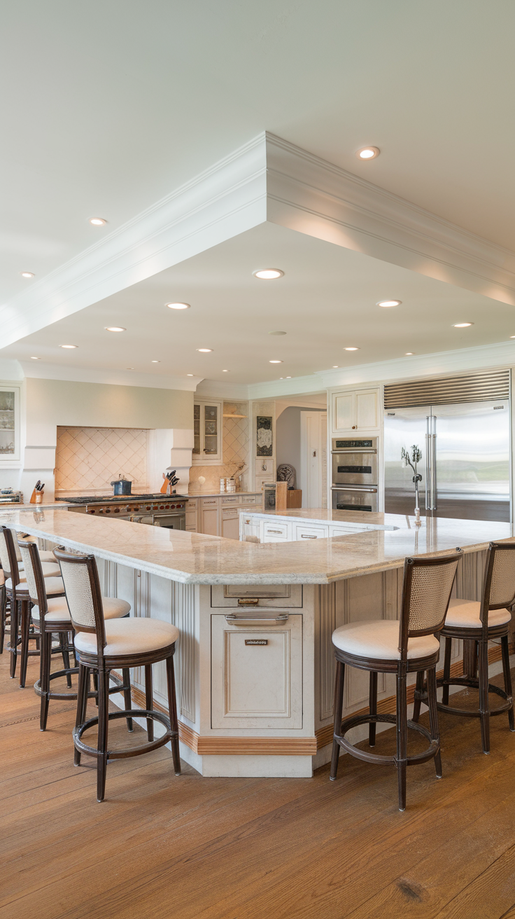 A stylish U-shaped kitchen island with seating, featuring elegant design and ample counter space.