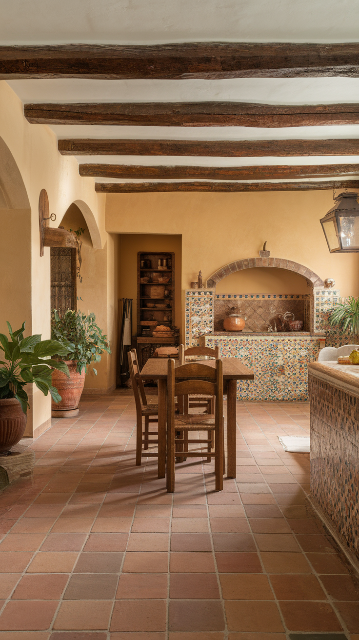 A rustic Spanish style kitchen featuring wooden beams, tiled backsplash, and terracotta flooring.