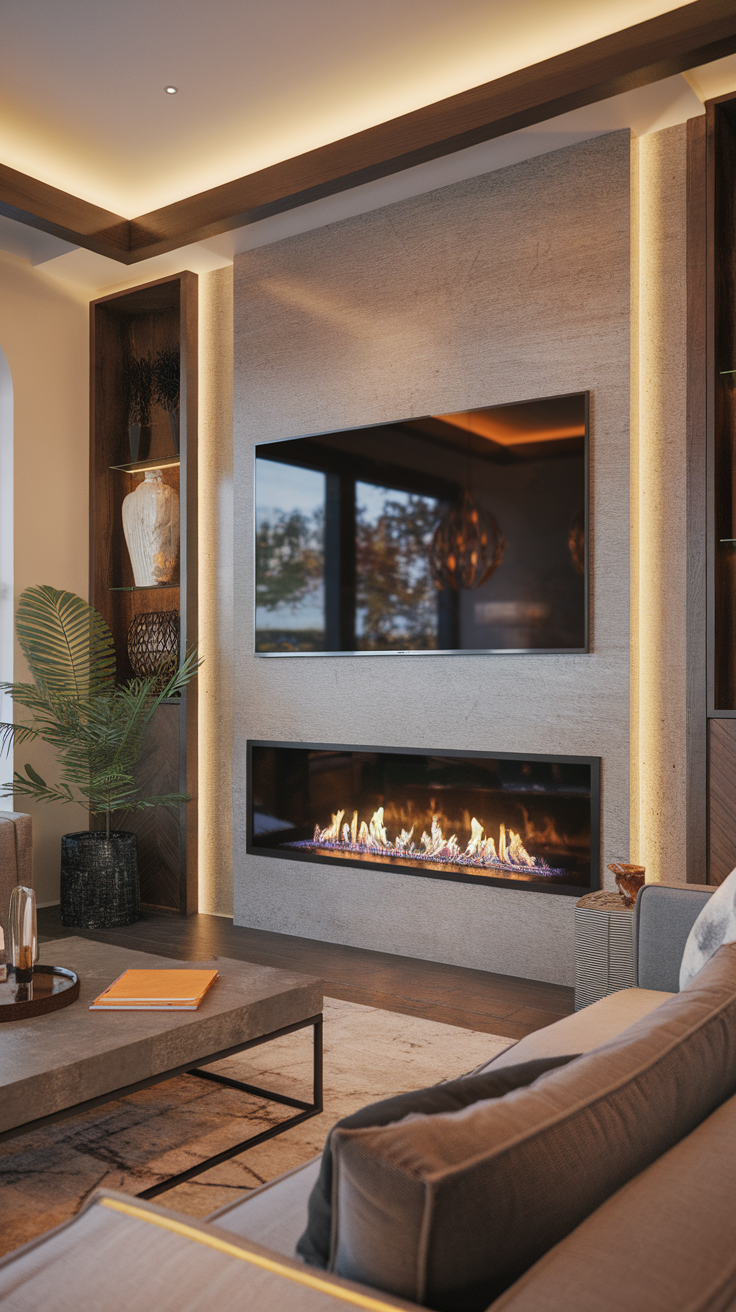 Modern living room featuring a sleek fireplace below a mounted TV, with stylish decor elements.