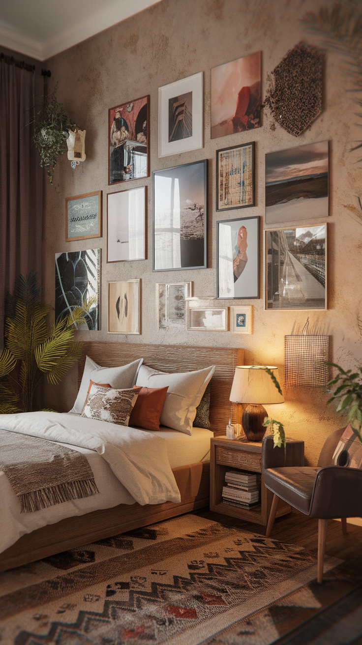 A cozy bedroom featuring a gallery wall with various framed artworks.