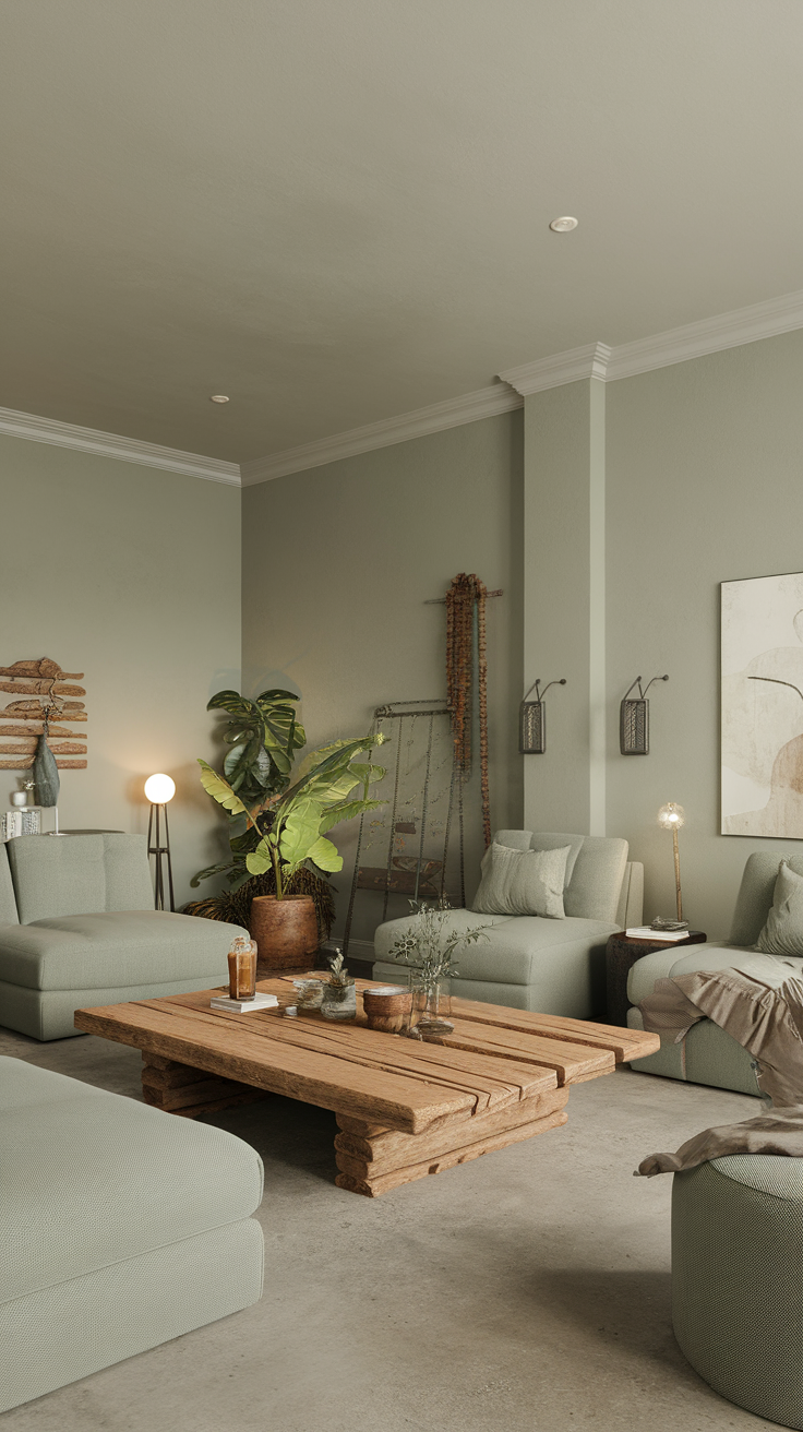 Cozy living room with a rustic coffee table and sage green walls